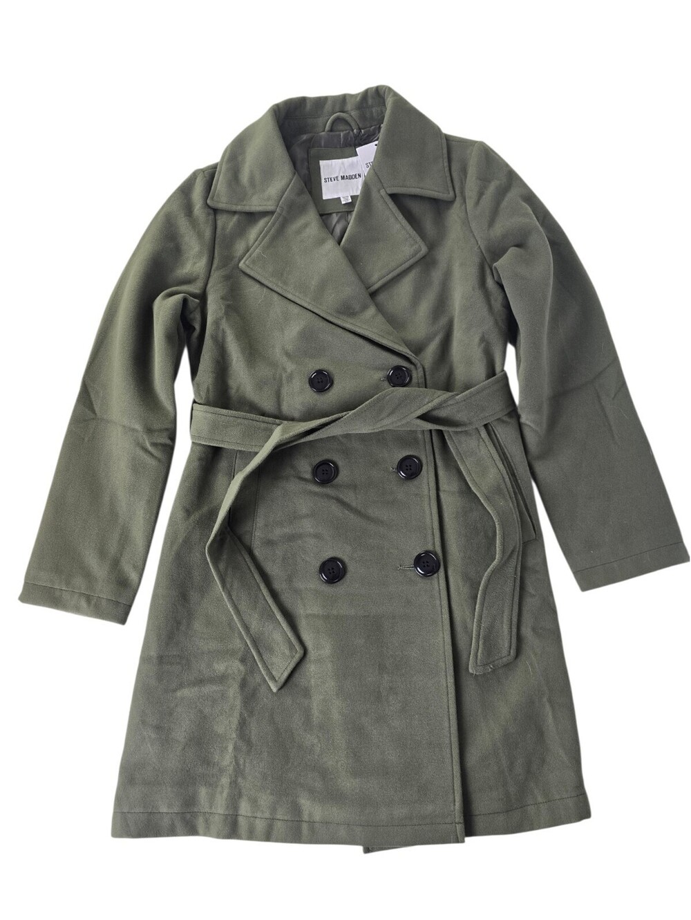 Steve Madden Trench Coat for Women M Olive Double-Breasted Long Winter Faux Wool